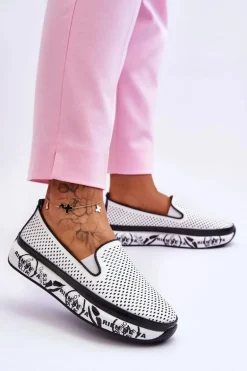 Damskie Ażurowe Skórzane Tenisówki Slip-On Białe Sorito