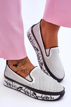 Damskie Ażurowe Skórzane Tenisówki Slip-On Białe Sorito