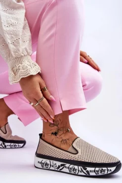 Damskie Ażurowe Skórzane Tenisówki Slip-On Beżowe Sorito