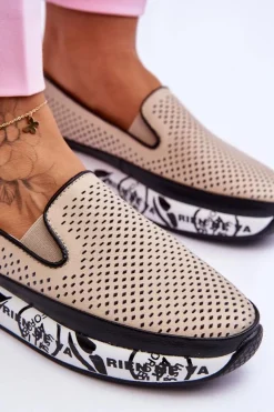 Damskie Ażurowe Skórzane Tenisówki Slip-On Beżowe Sorito