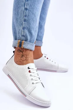 Damskie Ażurowe Skórzane Trampki Białe S.Barski LR952