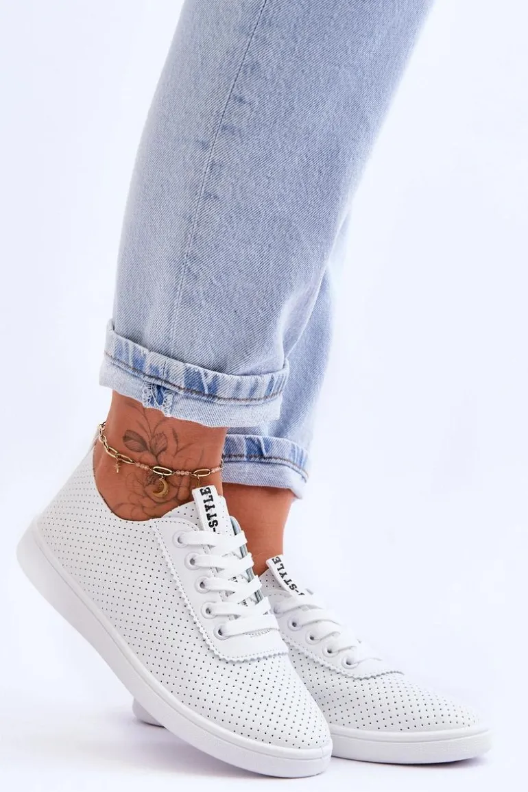 Damskie Ażurowe Sznurowane Trampki Białe Carinel