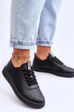 Damskie Ażurowe Sznurowane Trampki Czarne Carinel