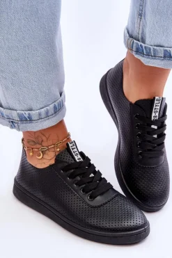 Damskie Ażurowe Sznurowane Trampki Czarne Carinel