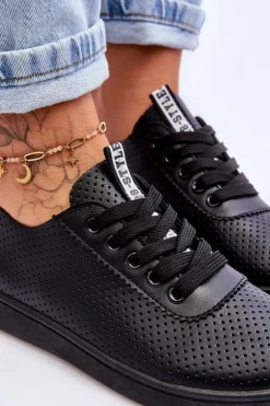 Damskie Ażurowe Sznurowane Trampki Czarne Carinel