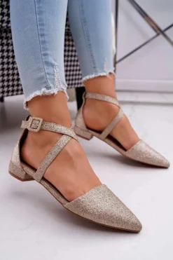 Damskie Balerinki Brokatowe w Szpic Złote Vontare