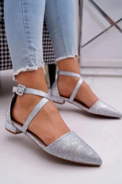 Damskie Balerinki Brokatowe w Szpic Srebrne Vontare