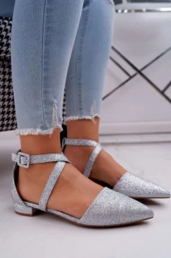 Damskie Balerinki Brokatowe w Szpic Srebrne Vontare