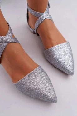 Damskie Balerinki Brokatowe w Szpic Srebrne Vontare