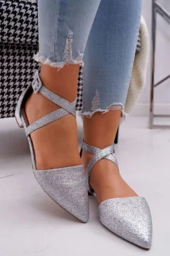 Damskie Balerinki Brokatowe w Szpic Srebrne Vontare