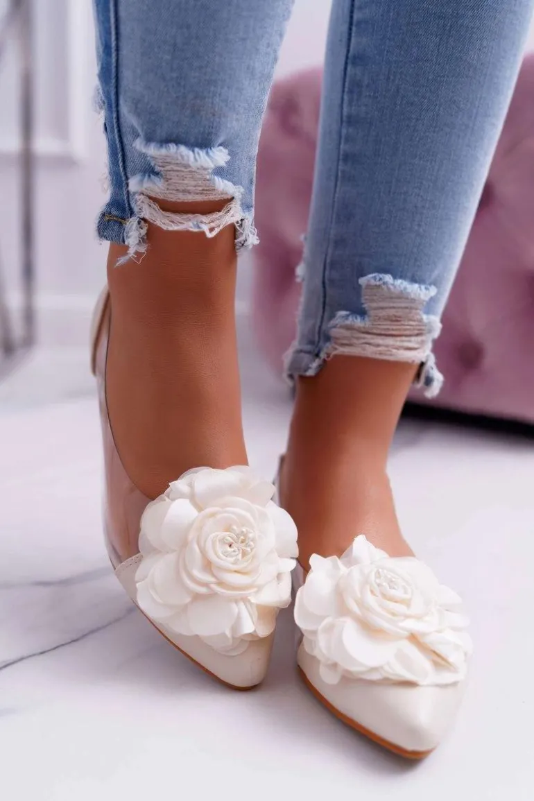 Damskie Balerinki Lu Boo Beżowe Z Kwiatem Transparentne Dairin