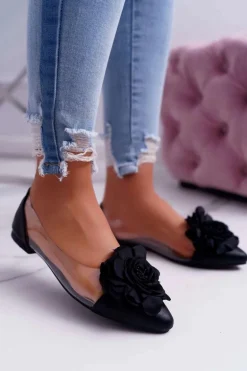 Damskie Balerinki Lu Boo Czarne Z Kwiatem Transparentne Dairin