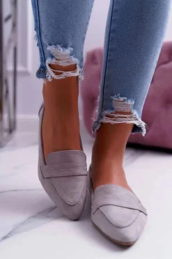 Damskie Balerinki Zamszowe Lordsy Szare Gretar