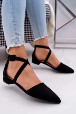 Damskie Balerinki Zamszowe w Szpic Czarne Vontare