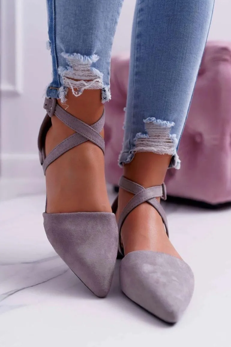 Damskie Baleriny Szare Zamszowe W Szpic Medena