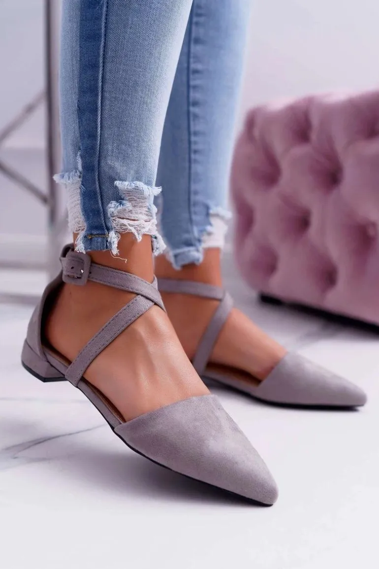 Damskie Baleriny Szare Zamszowe W Szpic Medena