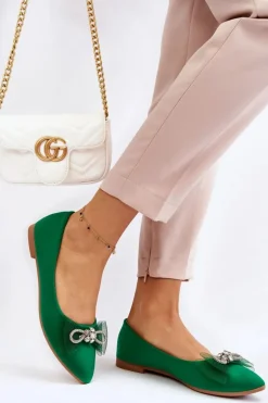 Damskie Baleriny W Szpic Z Ozdobną Kokardą Zielone Luminous