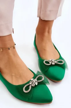 Damskie Baleriny W Szpic Z Ozdobną Kokardą Zielone Luminous