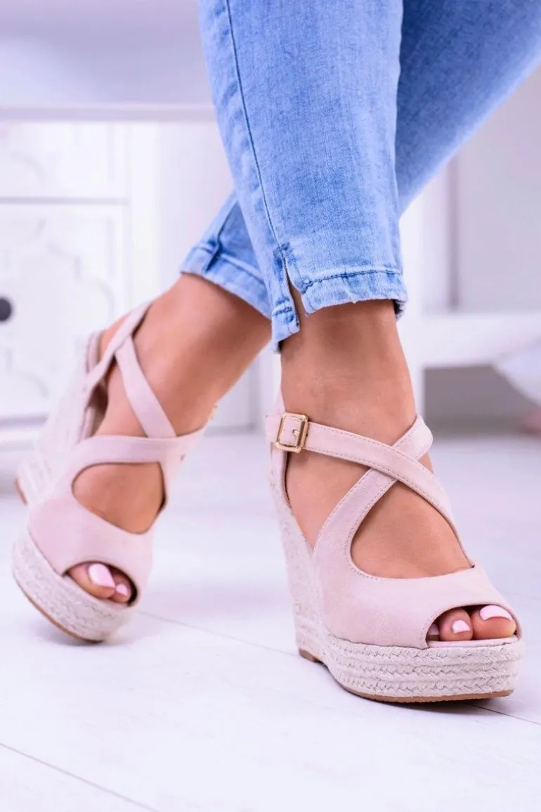 Damskie Beżowe Sandały Na Koturnie Espadryle Elonore