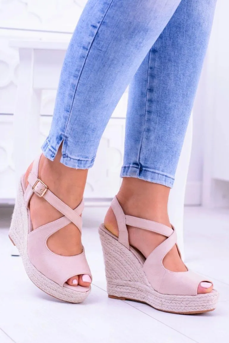 Damskie Beżowe Sandały Na Koturnie Espadryle Elonore