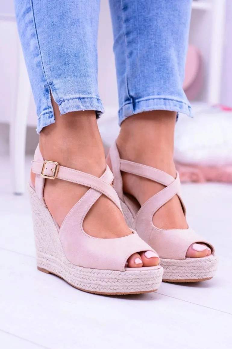 Damskie Beżowe Sandały Na Koturnie Espadryle Elonore