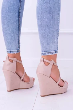 Damskie Beżowe Zamszowe Sandały Na Koturnie Eline