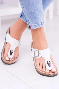 Damskie Białe Japonki Klapki na Korku Florines