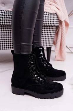 Damskie Botki Ciepłe Zamszowe Czarne Gerta