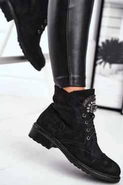 Damskie Botki Ciepłe Zamszowe Kryształki Czarne Hondus