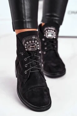 Damskie Botki Ciepłe Zamszowe Kryształki Czarne Hondus