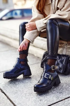 Damskie Botki Czarne Klamry Frago