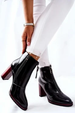 Damskie Botki Czarne Lakierowane na Słupku Cofton