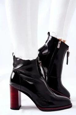 Damskie Botki Czarne Lakierowane na Słupku Cofton