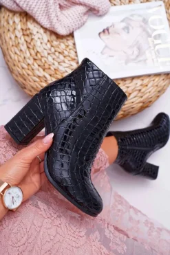 Damskie Botki Czarne Skóra Krokodyla Crocodil