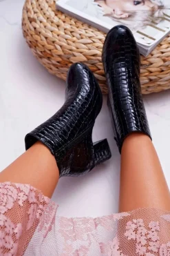 Damskie Botki Czarne Skóra Krokodyla Crocodil