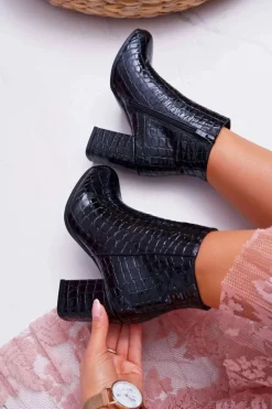 Damskie Botki Czarne Skóra Krokodyla Crocodil