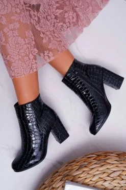 Damskie Botki Czarne Skóra Krokodyla Crocodil