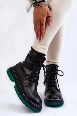 Damskie Botki Glany Sznurowane Z Zieloną Podeszwą Czarne Trinah