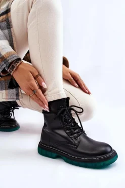 Damskie Botki Glany Sznurowane Z Zieloną Podeszwą Czarne Trinah