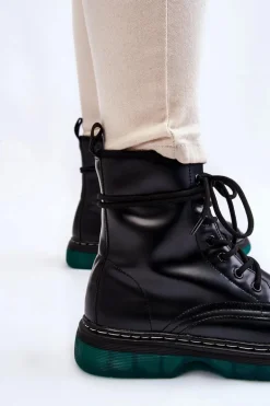 Damskie Botki Glany Sznurowane Z Zieloną Podeszwą Czarne Trinah