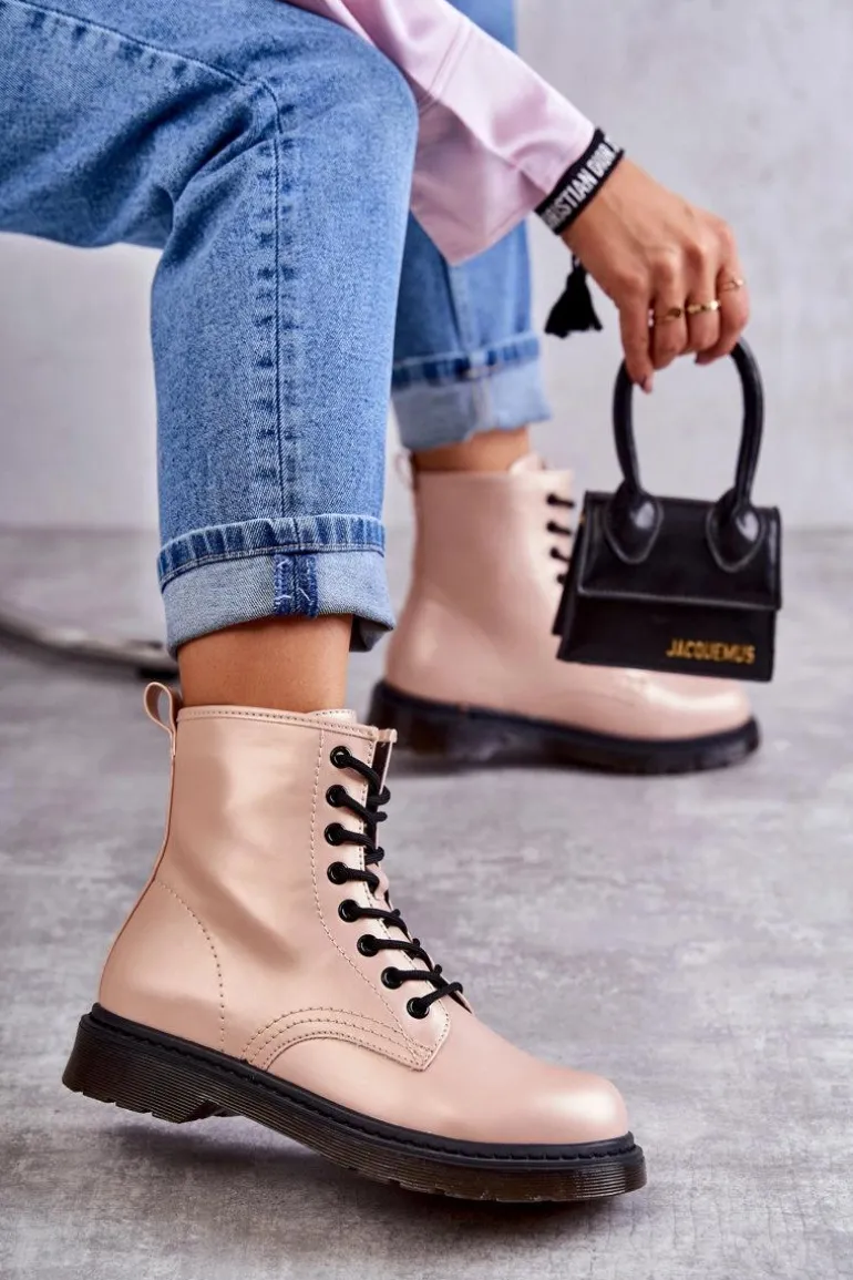 Damskie Botki Glany Wiązane Różowe Lavita