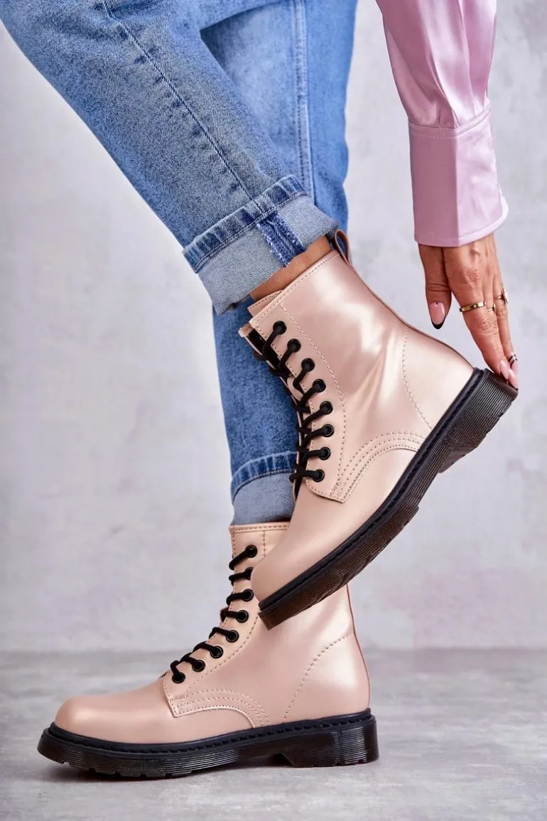 Damskie Botki Glany Wiązane Różowe Lavita