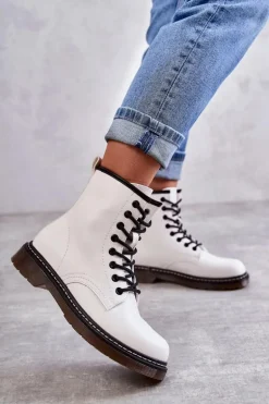 Damskie Botki Glany Wiązane Białe Lavita