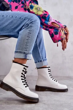 Damskie Botki Glany Wiązane Białe Lavita