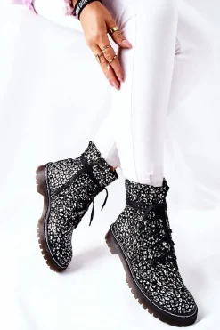 Damskie Botki Glany Workery Maciejka Czarno-Białe 01609-48
