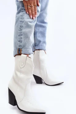 Damskie Botki Kowbojki Na Obcasie Białe Melaitia