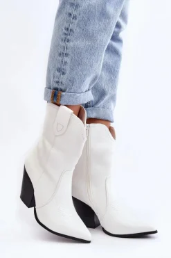 Damskie Botki Kowbojki Na Obcasie Białe Melaitia