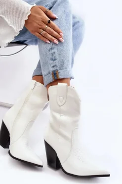 Damskie Botki Kowbojki Na Obcasie Białe Melaitia