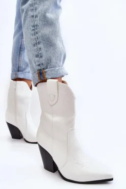 Damskie Botki Kowbojki Na Obcasie Białe Melaitia