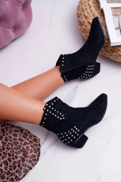 Damskie Botki Kowbojki Płaski Obcas Czarne Fine